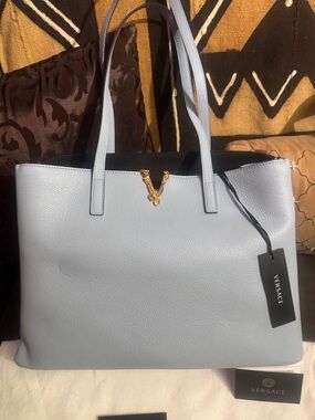 Versace Cornflower Blue Leather Tote with Gold V Medallion